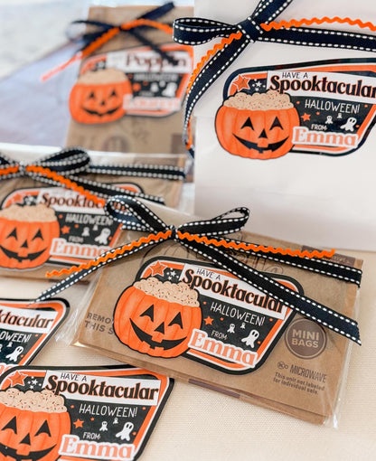 Halloween Popcorn Stickers – Personalized “Have a Spooktacular Halloween” Labels for Kids, Classroom, or Party Favors