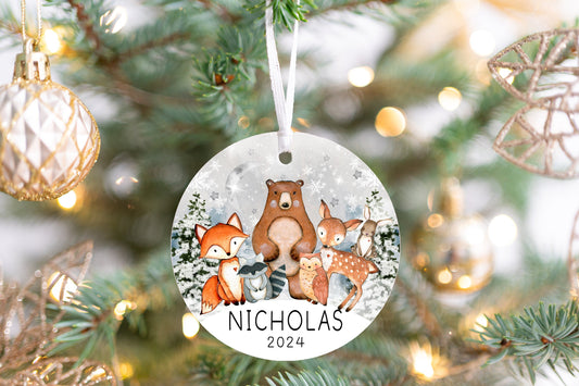 Personalized Forest Animal Christmas Ornament 2025 – Woodland Animal Ornament for Kids, Gender-Neutral
