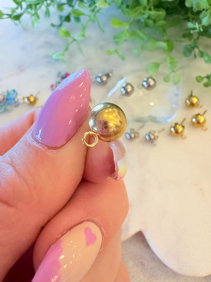 8mm & 6mm Half Ball Stainless Steel Earring Stud Posts – 18K Gold Plated or Silver – 10 Pcs Earring Findings with Loop