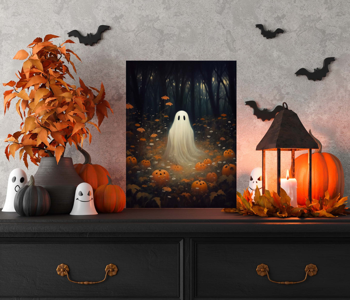 Primitive Halloween Metal Sign – Cute Ghost with Pumpkins Wall Art (Indoor & Outdoor)
