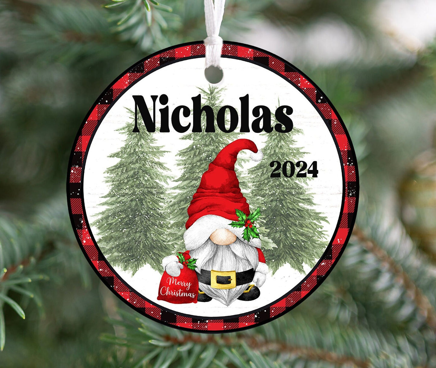 Personalized Gnome Ornament 2025 – Kids & Adults, White Background with Christmas Border