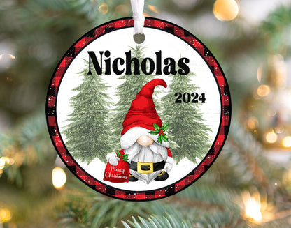 Personalized Gnome Ornament 2025 – Kids & Adults, White Background with Christmas Border