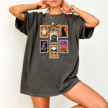 Vintage Halloween Graphic Tee - Retro Spooky Shirt with Ghost, Skull, Pumpkin & Cat Design
