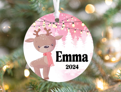 Personalized Pink Reindeer Christmas Ornament- Custom Name & Year | Aluminum or Hardboard