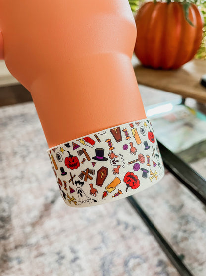 Halloween Tumbler Boot Sleeve - Spooky Ghosts, Bats & Pumpkins | Fits 20 oz 30 oz 40 oz water bottle and tumbler