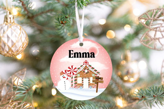 Personalized Pink Gingerbread House Christmas Ornament- Custom Name & Year | Aluminum or Hardboard