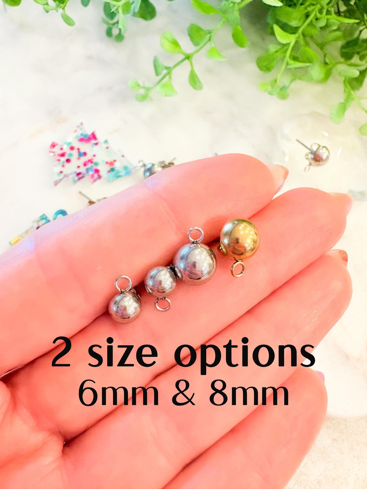 8mm & 6mm Half Ball Stainless Steel Earring Stud Posts – 18K Gold Plated or Silver – 10 Pcs Earring Findings with Loop