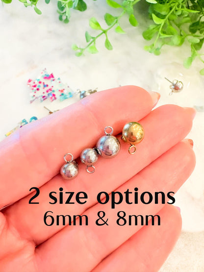 8mm & 6mm Half Ball Stainless Steel Earring Stud Posts – 18K Gold Plated or Silver – 10 Pcs Earring Findings with Loop