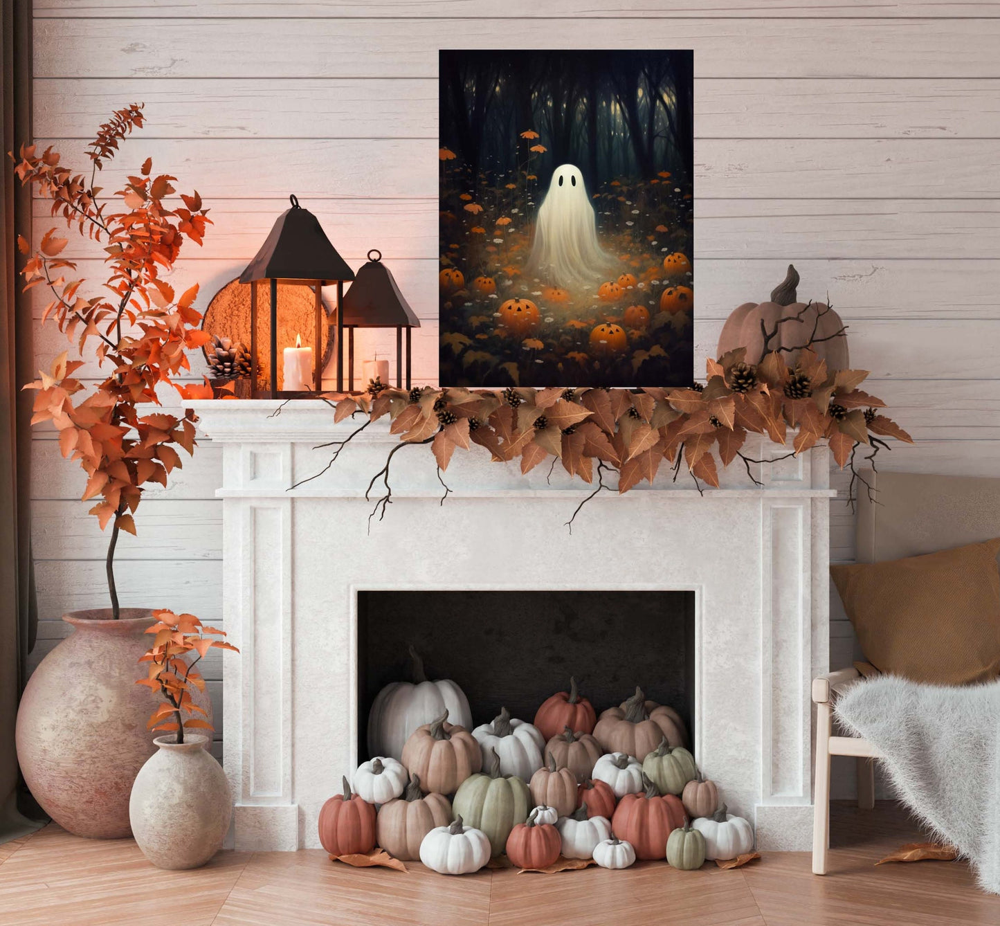 Primitive Halloween Metal Sign – Cute Ghost with Pumpkins Wall Art (Indoor & Outdoor)
