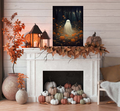 Primitive Halloween Metal Sign – Cute Ghost with Pumpkins Wall Art (Indoor & Outdoor)