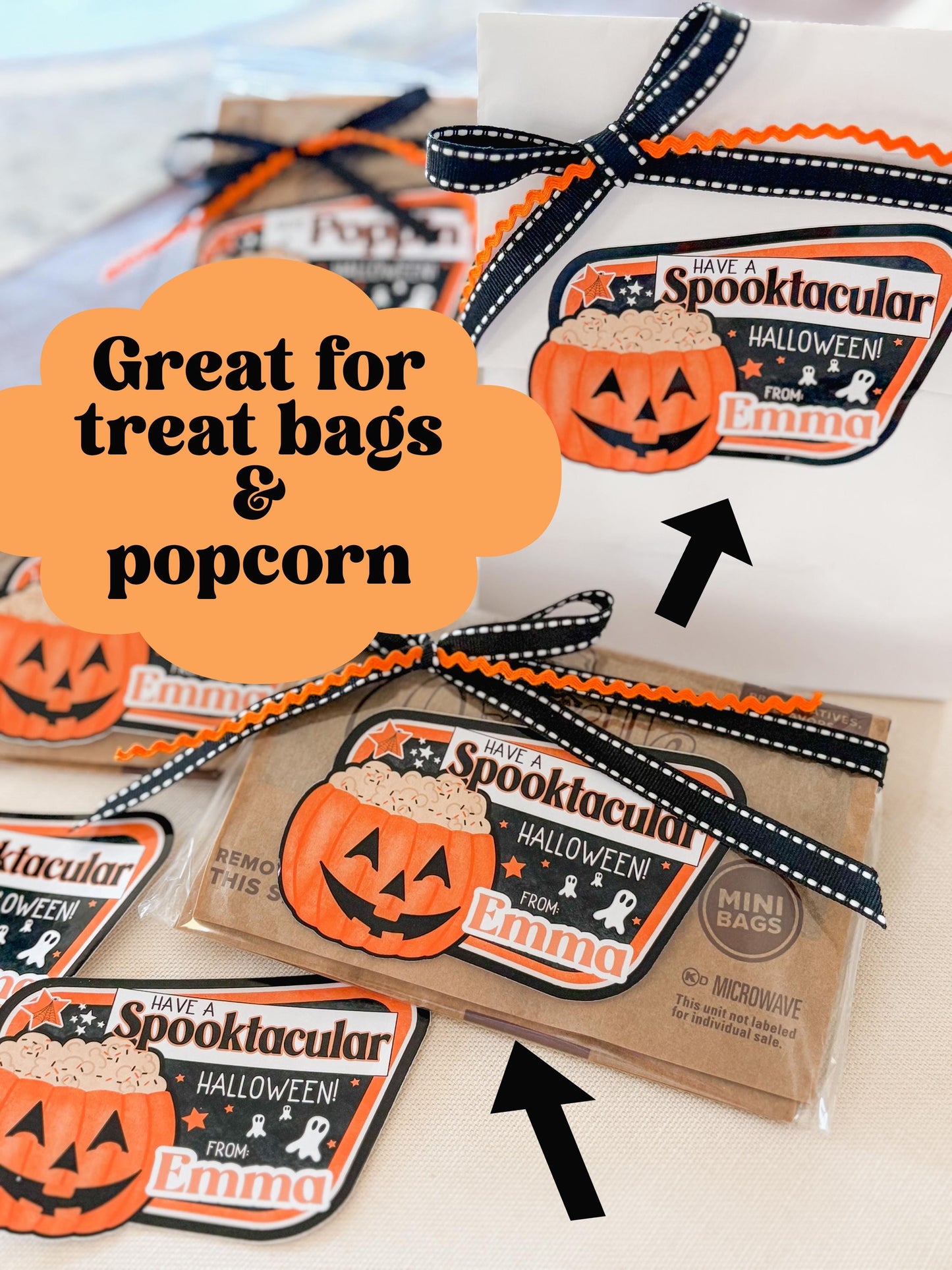 Halloween Popcorn Stickers – Personalized “Have a Spooktacular Halloween” Labels for Kids, Classroom, or Party Favors
