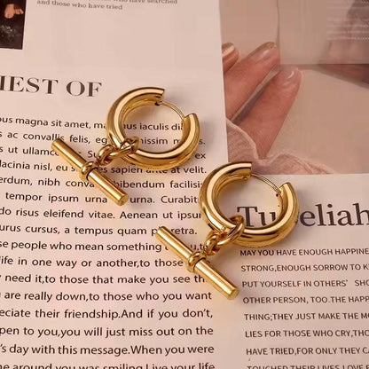 18K Gold Plated T Bar Earrings – Minimalist Huggie Hoop Drops