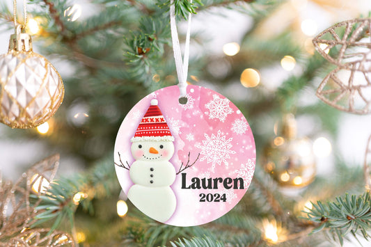 Personalized Pink Snowman Christmas Ornament- Custom Name & Year | Aluminum or Hardboard