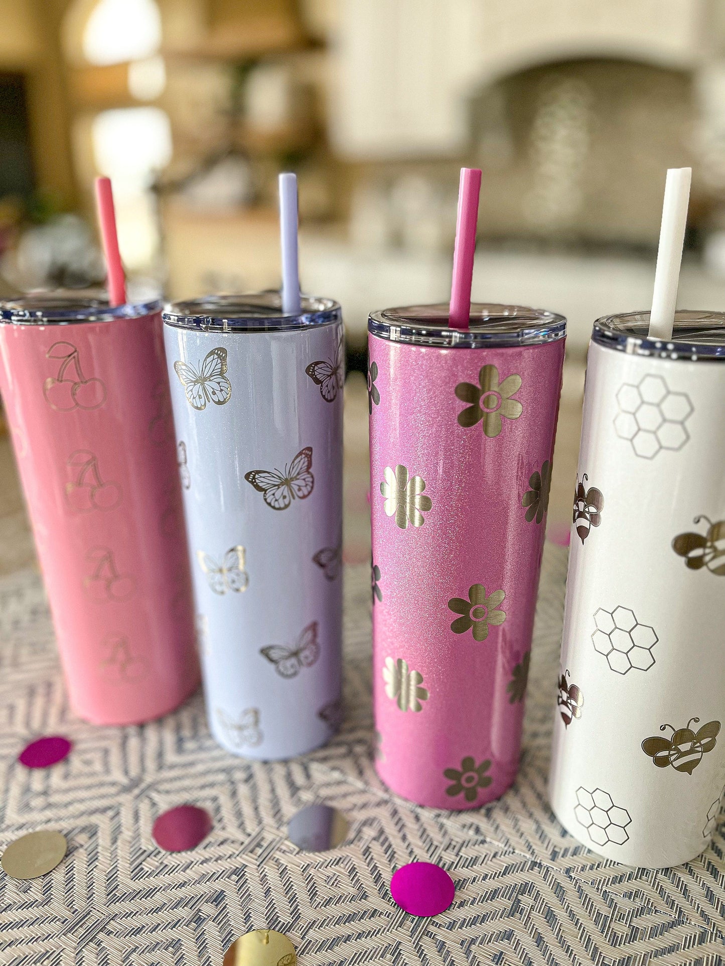 Personalized 20 oz Tumbler – Laser Engraved Skinny Tumbler with Lid & Straw, Custom Cherry, Daisy, Bumblebee & Butterfly Designs