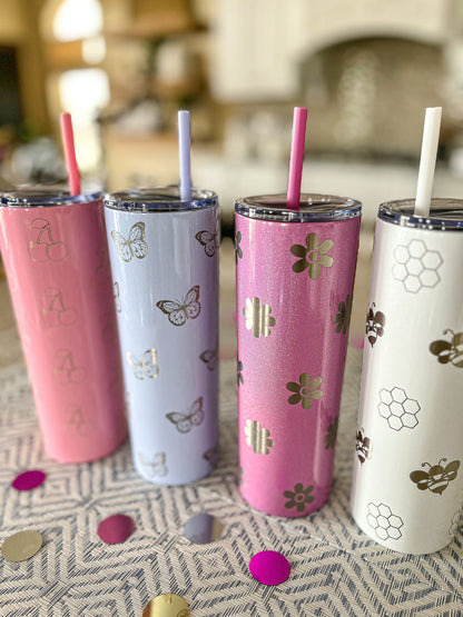 Personalized 20 oz Tumbler – Laser Engraved Skinny Tumbler with Lid & Straw, Custom Cherry, Daisy, Bumblebee & Butterfly Designs