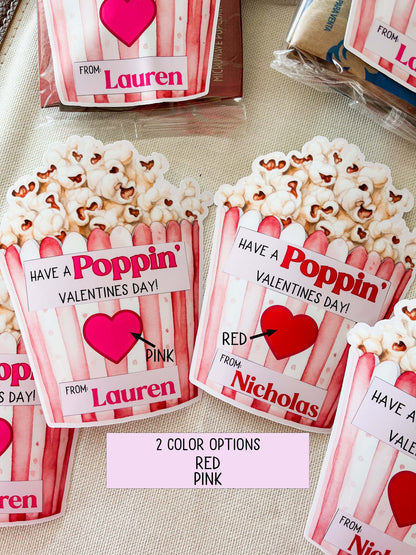 Personalized Valentine Popcorn Stickers – Kids Classroom Labels, Poppin’ Valentines