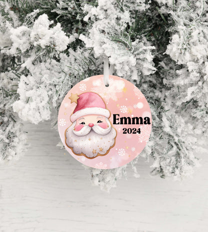 Personalized Pink Retro Santa Christmas Ornament- Custom Name & Year | Aluminum or Hardboard