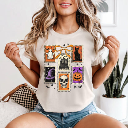 Vintage Halloween Graphic Tee - Retro Spooky Shirt with Ghost, Skull, Pumpkin & Cat Design