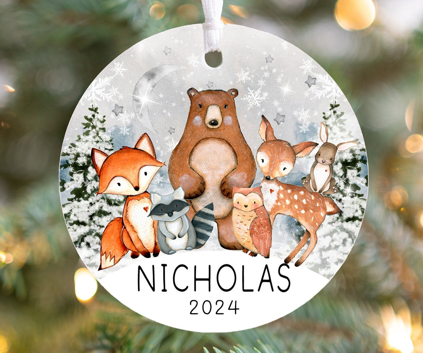 Personalized Forest Animal Christmas Ornament 2025 – Woodland Animal Ornament for Kids, Gender-Neutral