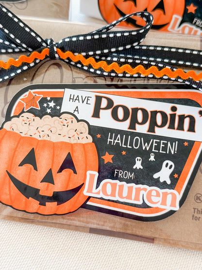 Halloween Popcorn Stickers – Personalized “Have a Poppin’ Halloween” Labels for Kids, Classroom, or Party Favors