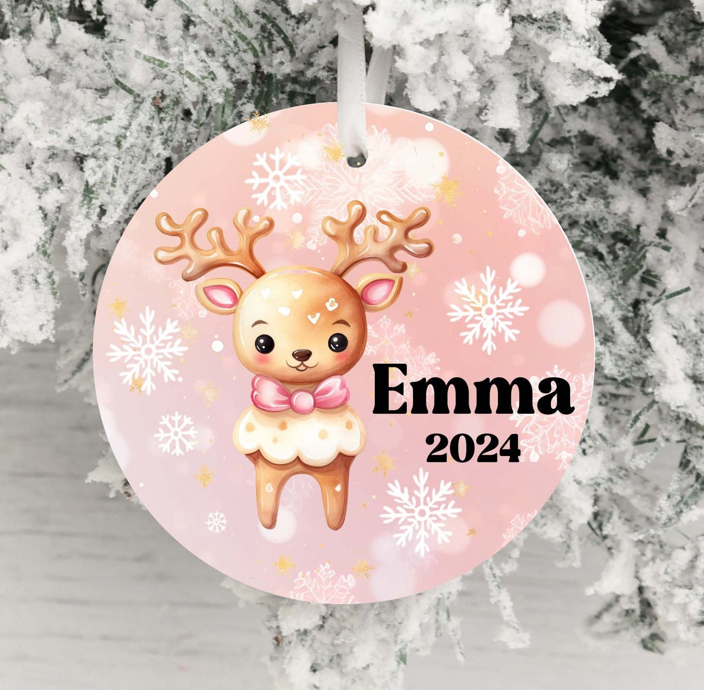 Personalized Pink Reindeer Christmas Ornament- Custom Name & Year | Aluminum or Hardboard