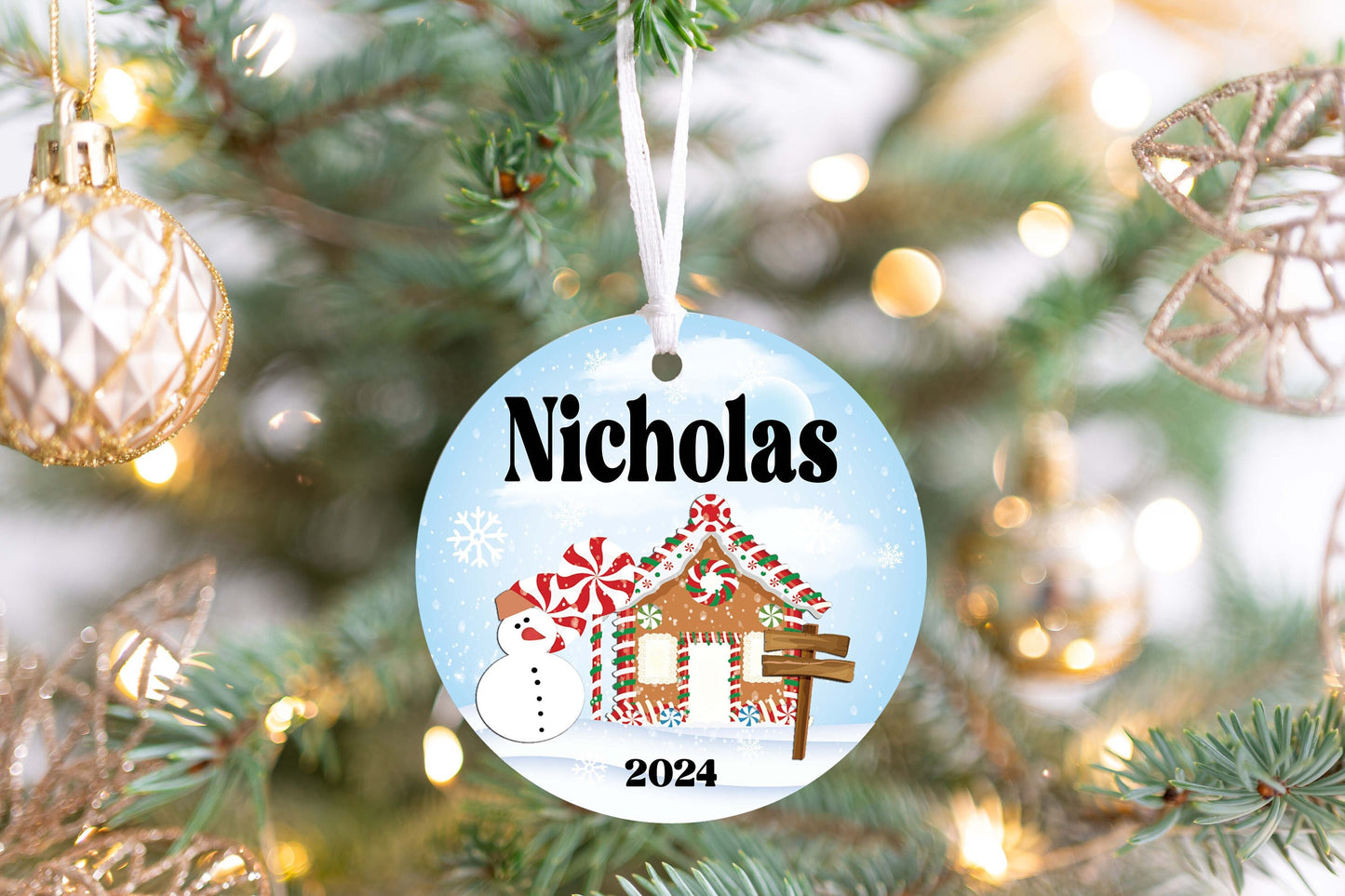 Personalized Gingerbread House Christmas Ornament 2025 – Custom Kids Ornament with Blue Background