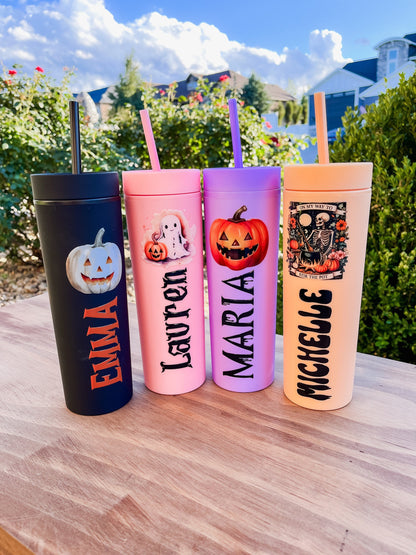 Personalized Halloween Tumbler with Straw – Custom Skinny Matte Pastel Cups, Party Favors