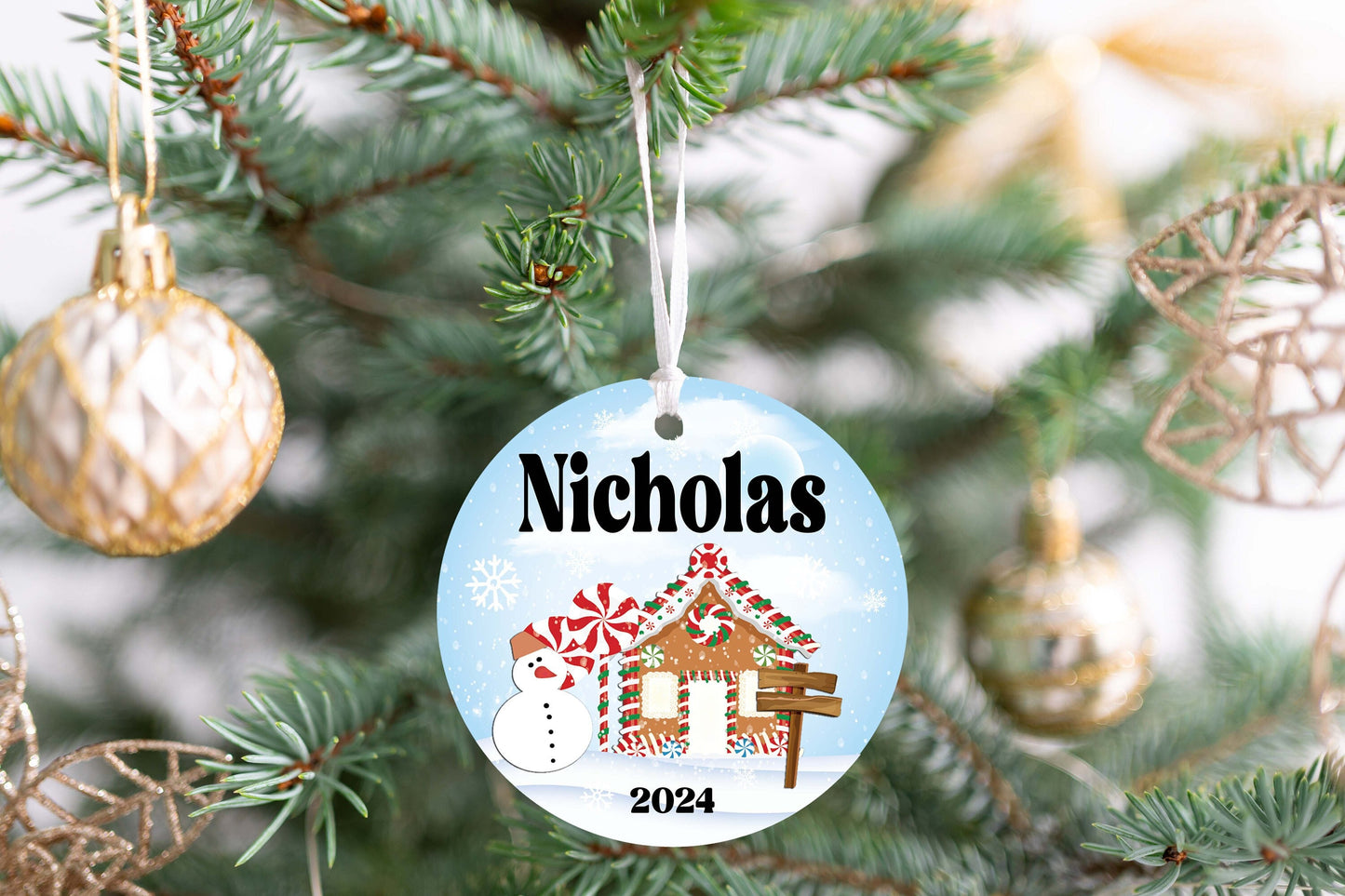 Personalized Gingerbread House Christmas Ornament 2025 – Custom Kids Ornament with Blue Background