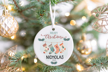Personalized Stocking Christmas Ornament 2025 – Neutral Minimalist Sock Ornament for Kids, Teens & Adults