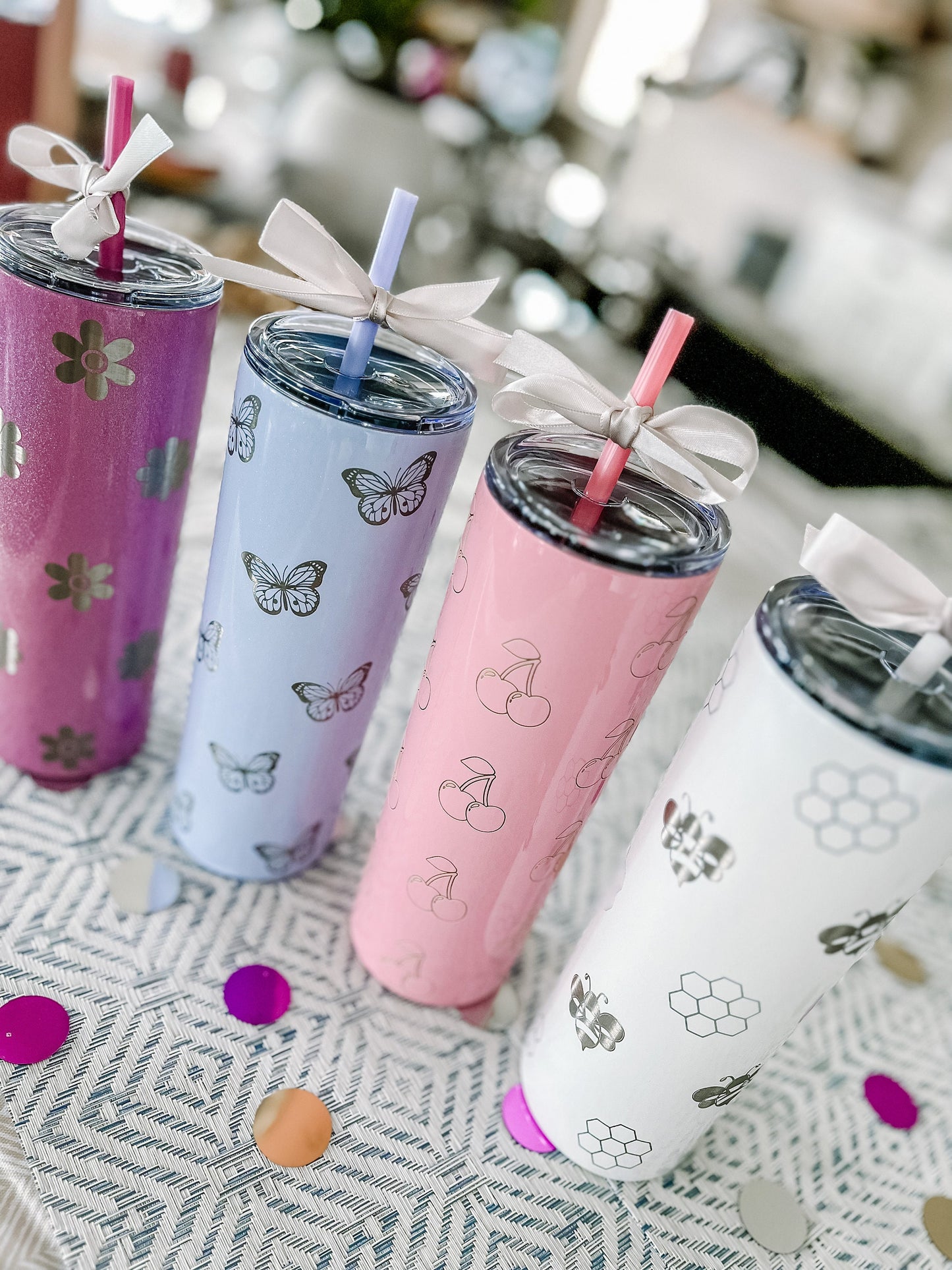 Personalized 20 oz Tumbler – Laser Engraved Skinny Tumbler with Lid & Straw, Custom Cherry, Daisy, Bumblebee & Butterfly Designs