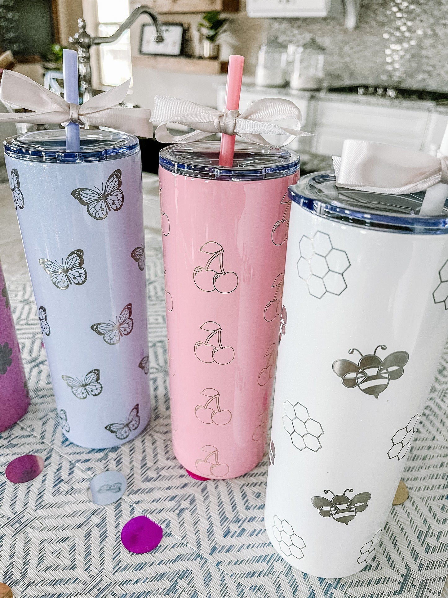 Personalized 20 oz Tumbler – Laser Engraved Skinny Tumbler with Lid & Straw, Custom Cherry, Daisy, Bumblebee & Butterfly Designs