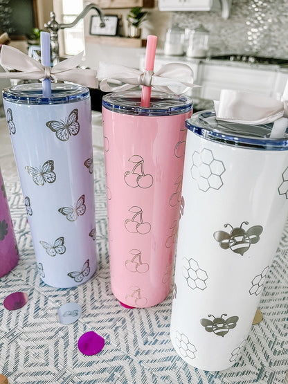 Personalized 20 oz Tumbler – Laser Engraved Skinny Tumbler with Lid & Straw, Custom Cherry, Daisy, Bumblebee & Butterfly Designs