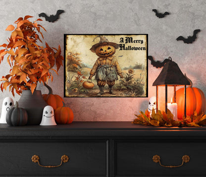 Primitive Pumpkin Head Scarecrow Halloween Metal Sign – Spooky Wall Art for Indoor & Outdoor Decor