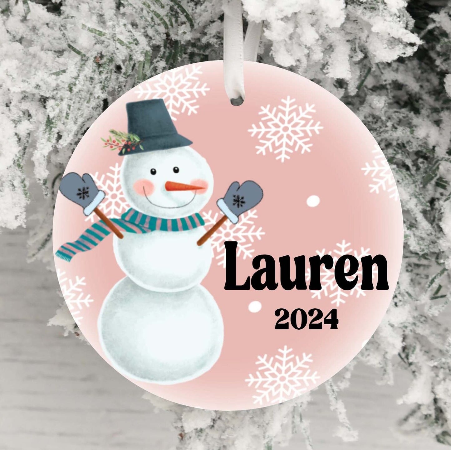 Personalized Pink Snowman Christmas Ornament- Custom Name & Year | Aluminum or Hardboard