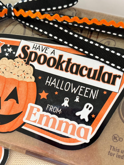 Halloween Popcorn Stickers – Personalized “Have a Spooktacular Halloween” Labels for Kids, Classroom, or Party Favors
