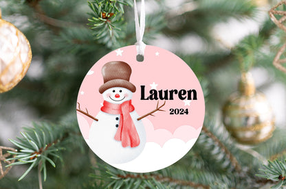 Personalized Pink Snowman Christmas Ornament- Custom Name & Year | Aluminum or Hardboard