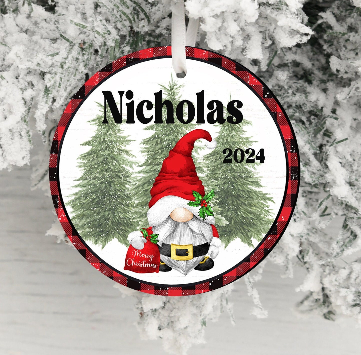 Personalized Gnome Ornament 2025 – Kids & Adults, White Background with Christmas Border
