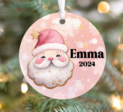 Personalized Pink Retro Santa Christmas Ornament- Custom Name & Year | Aluminum or Hardboard