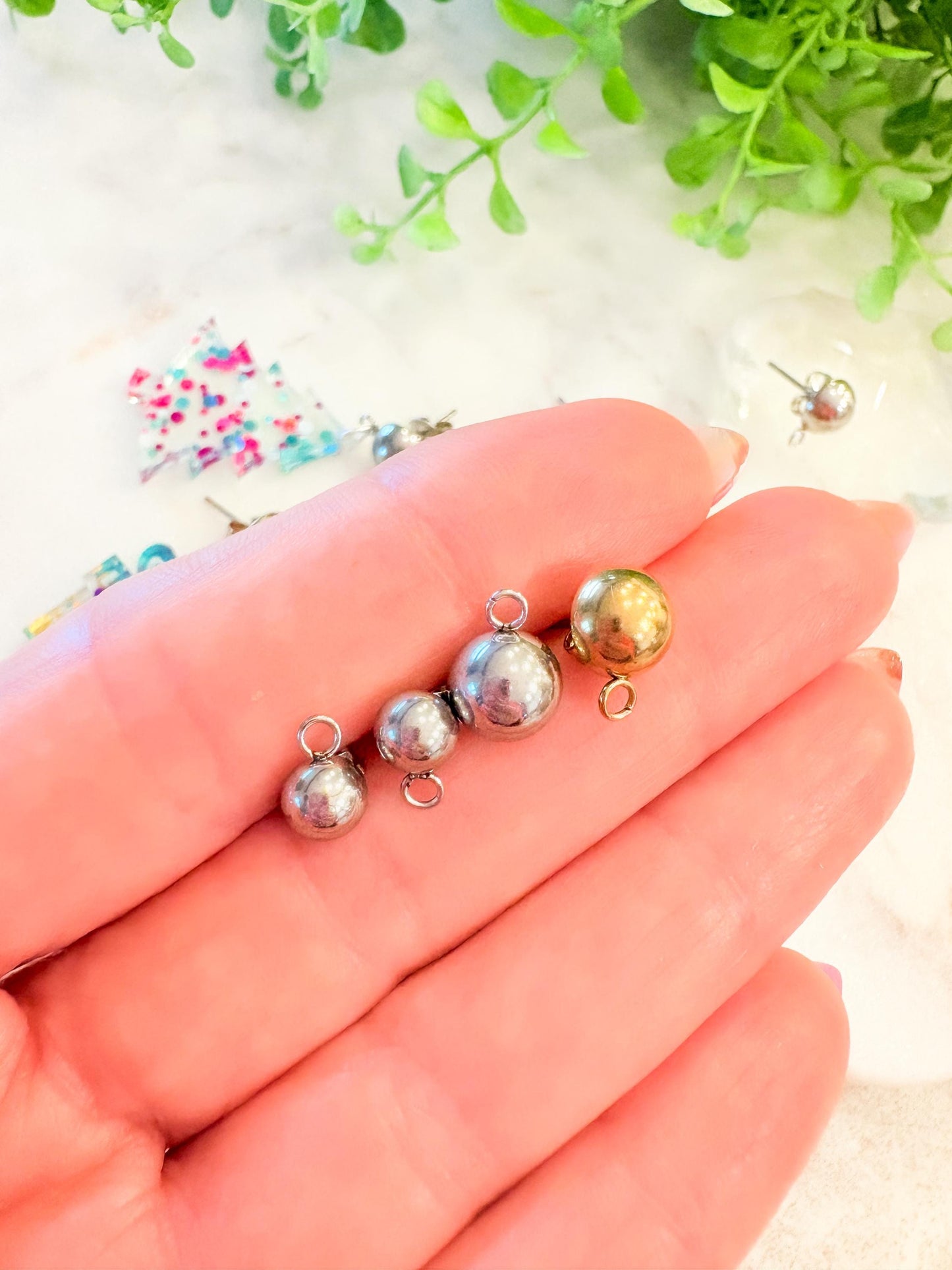 8mm & 6mm Half Ball Stainless Steel Earring Stud Posts – 18K Gold Plated or Silver – 10 Pcs Earring Findings with Loop