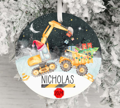 Personalized Excavator Dump Truck Christmas Ornament 2025 – Custom Construction Truck Ornament for Kids