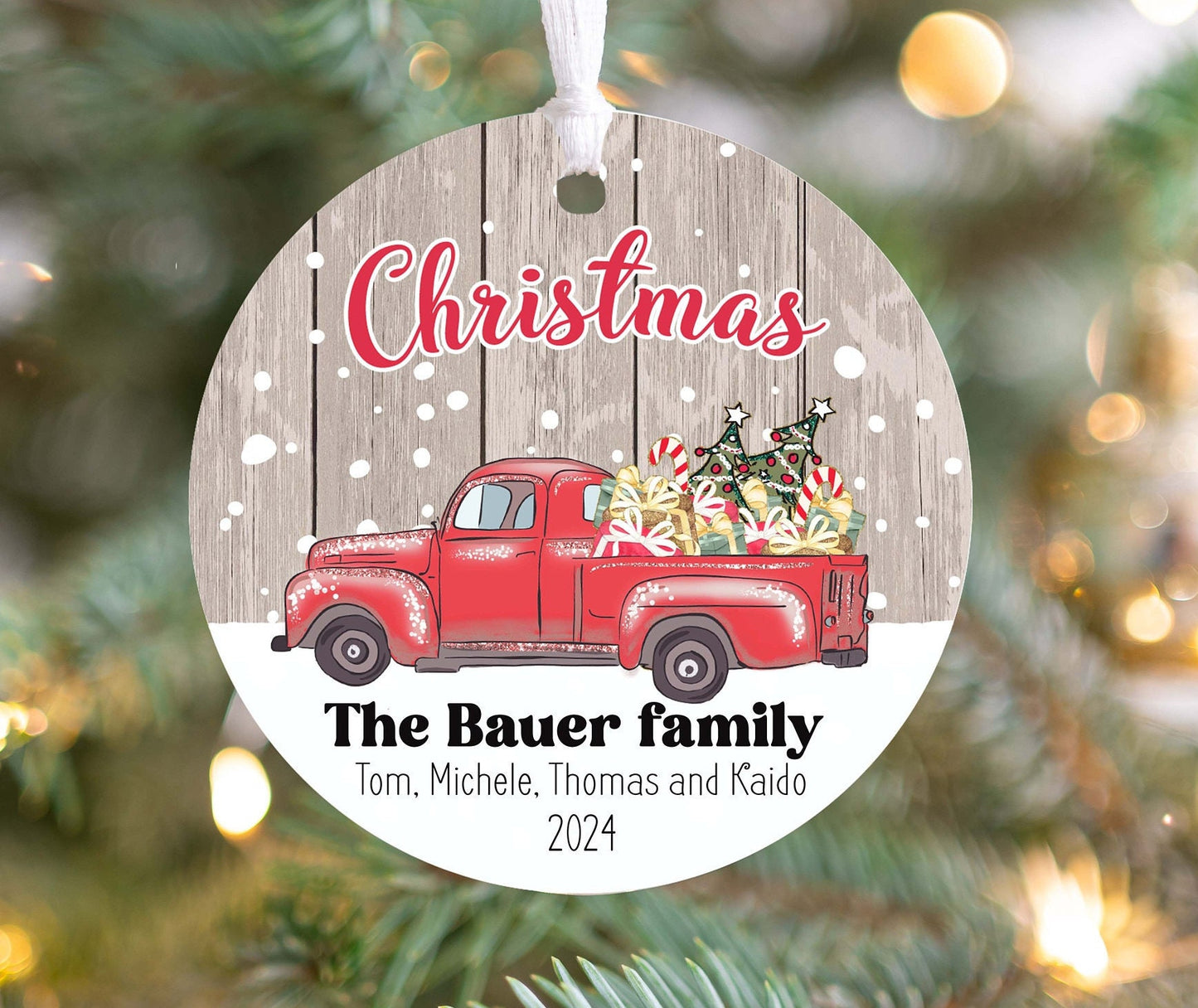 Personalized Family Christmas Ornament 2025 – Vintage Red Truck Holiday Keepsake