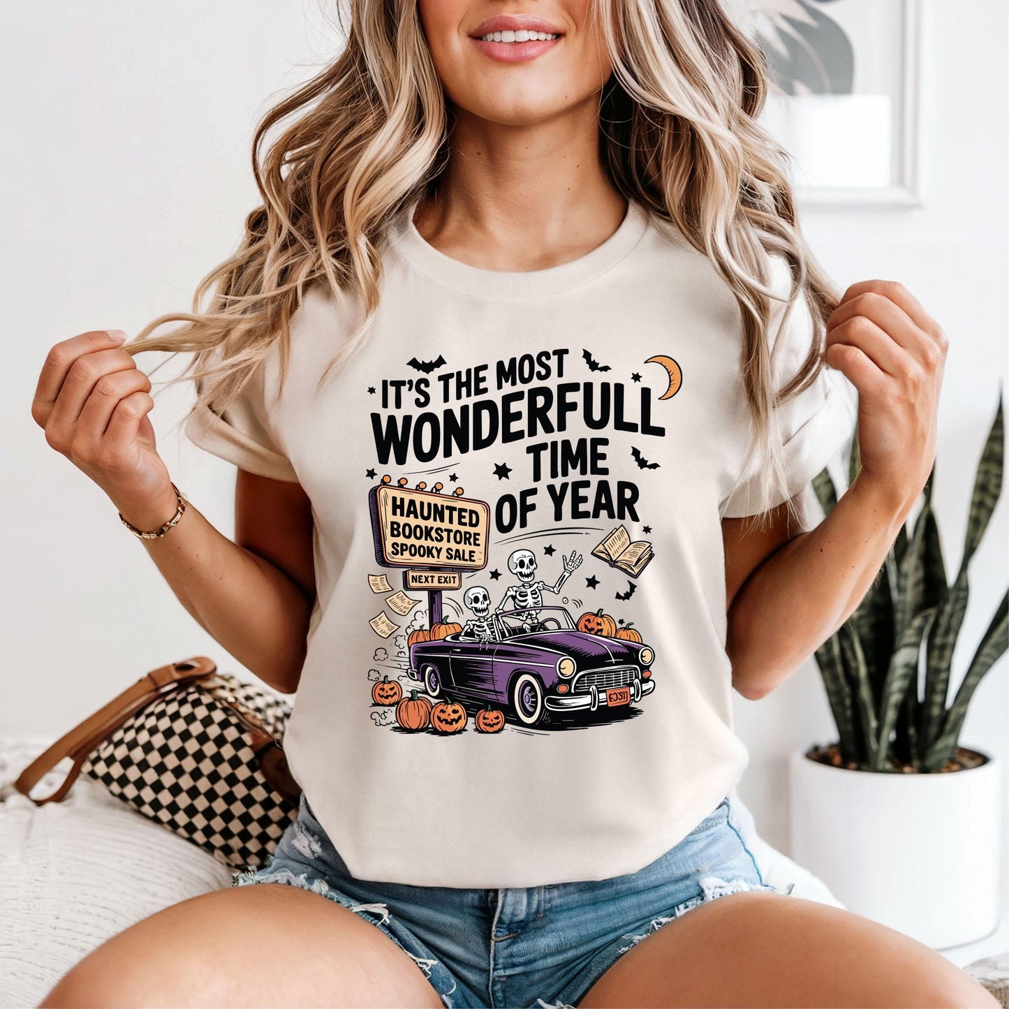Skeleton Haunted Bookstore Halloween Graphic Tee – Retro Halloween Graphic Tee