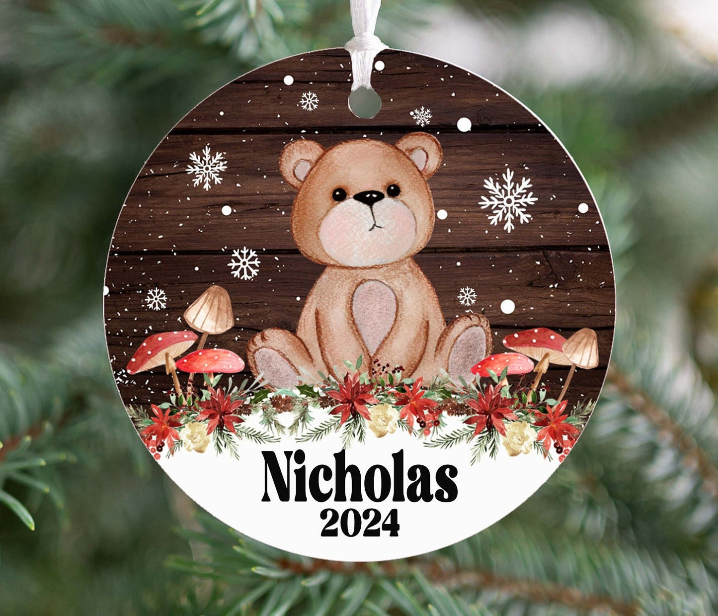 Personalized Bear Christmas Ornament 2025 – Woodland Animal Ornament with Mushrooms & Wood Background