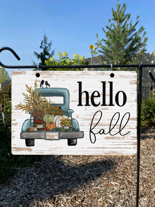 Hello Fall Sign – Outdoor Fall Decorations, Vintage Truck Hanging Sign for Porch, Patio, or Garden
