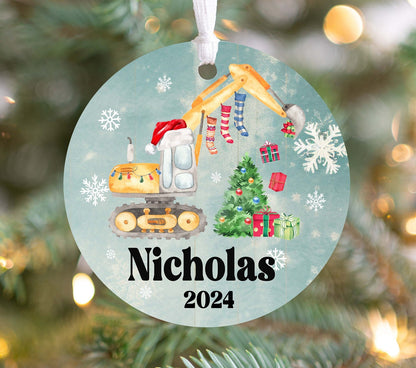 Personalized Excavator Christmas Ornament 2025 – Custom Construction Truck Ornament for Kids