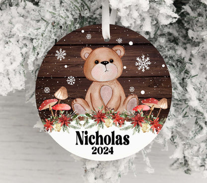 Personalized Bear Christmas Ornament 2025 – Woodland Animal Ornament with Mushrooms & Wood Background