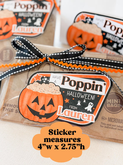 Halloween Popcorn Stickers – Personalized “Have a Poppin’ Halloween” Labels for Kids, Classroom, or Party Favors