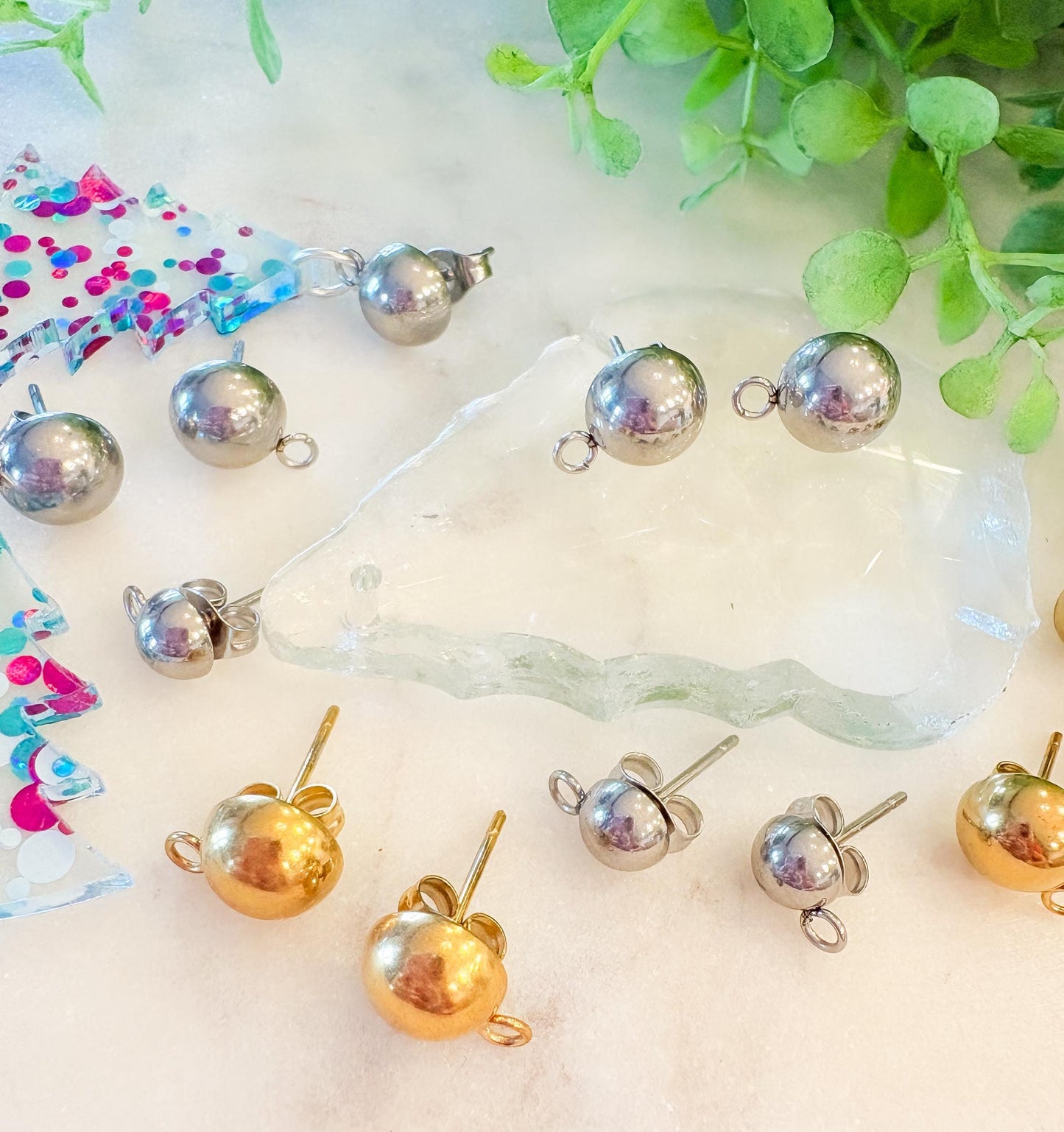 8mm & 6mm Half Ball Stainless Steel Earring Stud Posts – 18K Gold Plated or Silver – 10 Pcs Earring Findings with Loop