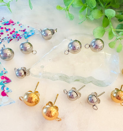 8mm & 6mm Half Ball Stainless Steel Earring Stud Posts – 18K Gold Plated or Silver – 10 Pcs Earring Findings with Loop