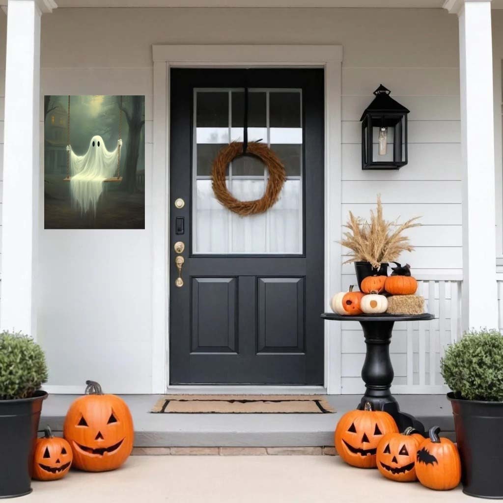 Primitive Halloween Metal Sign – Ghost on Swing Wall Art (Indoor & Outdoor)